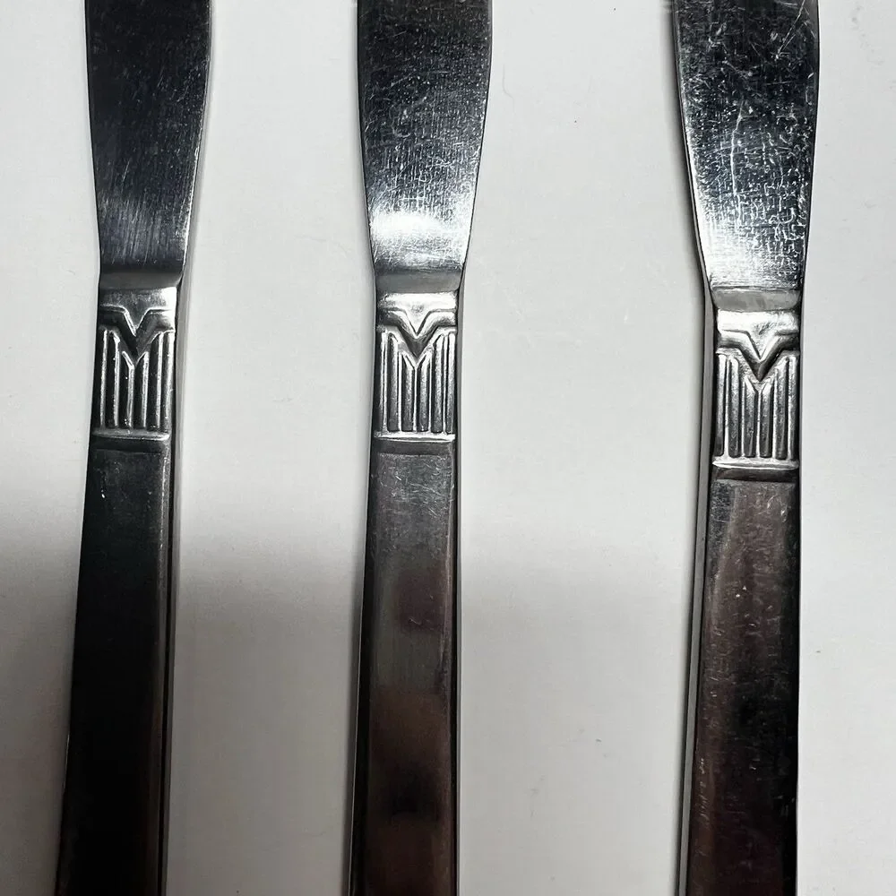 Lot of 3 Vintage N.S.Co National Stainless Japan Geometric M Dinner Knives